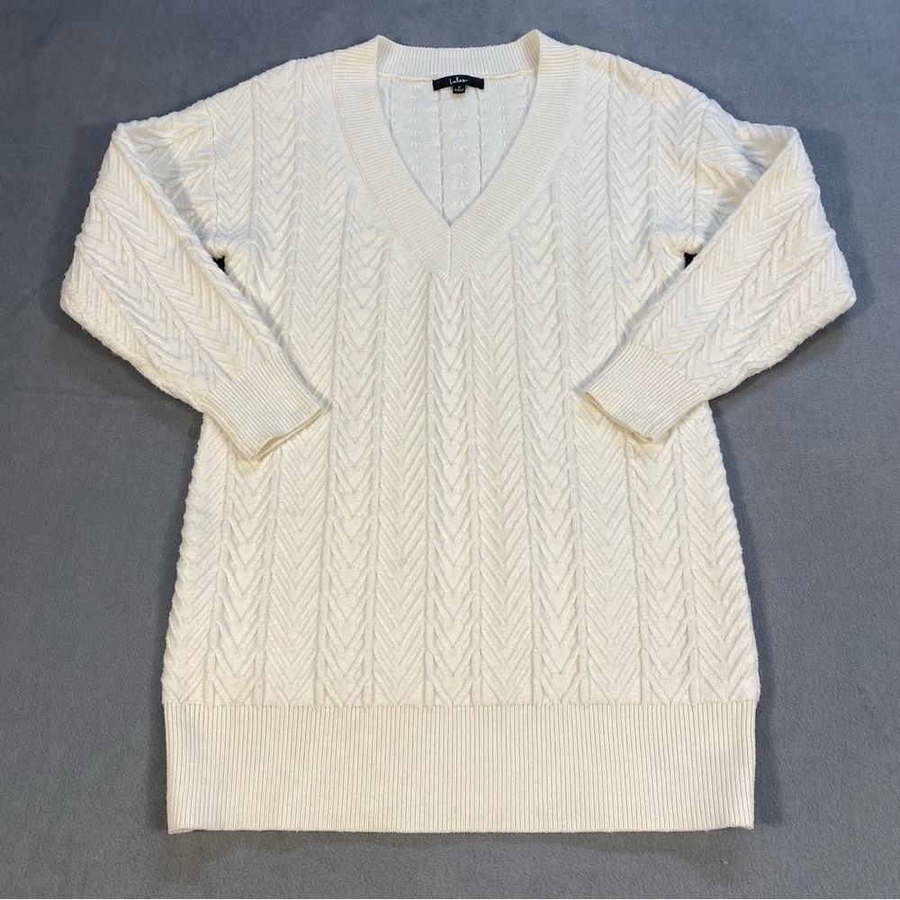 Lulu's Women’s Cream Snuggy Chic Cable Knit V-Neck Sweater Mini Dress, size S